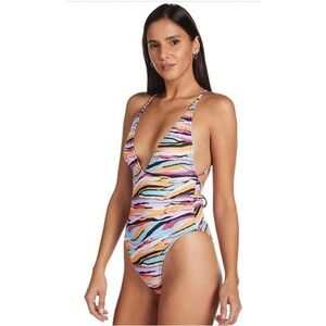 NWT VERO MODA One-Piece Swimsuit Orange Multi Tiger Stripe Self Tie Straps SZ XS